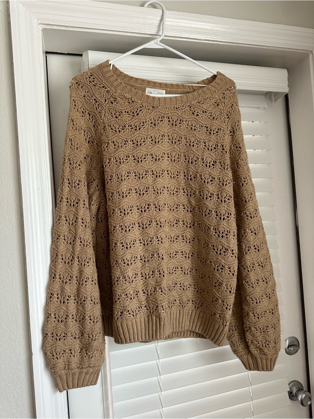 Waffle Open-Knit Crewneck Sweater - Camel